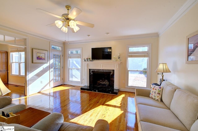 living room featuring light hardwood / wood-style flooring, crown molding, plenty of natural light, and a premium fireplace