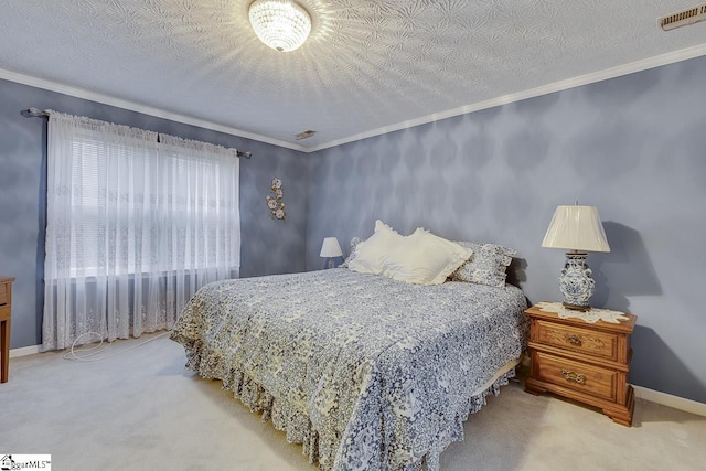 bedroom featuring light colored carpet, ornamental molding, and a textured ceiling