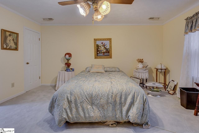 carpeted bedroom with crown molding and ceiling fan