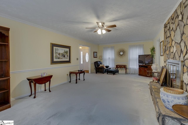 interior space featuring crown molding, a stone fireplace, light carpet, and a textured ceiling