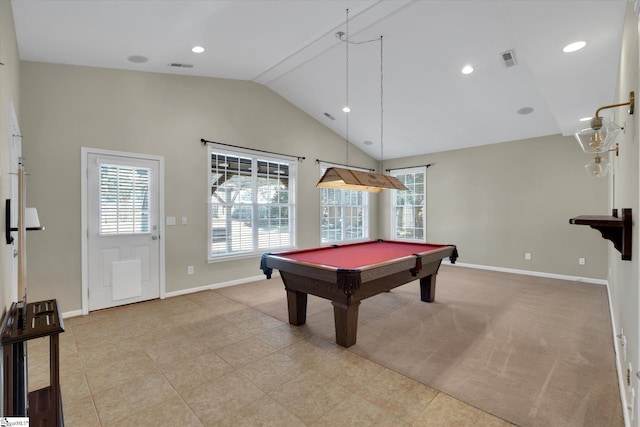 playroom featuring plenty of natural light, pool table, lofted ceiling, and light carpet