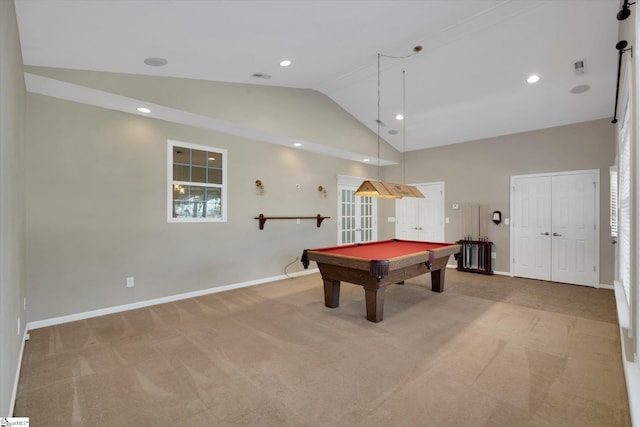 game room with billiards, high vaulted ceiling, and carpet floors