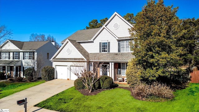 view of property featuring a garage and a front lawn