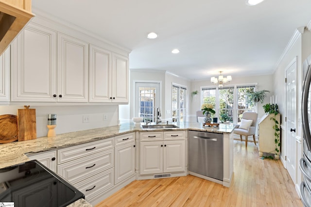 kitchen with white cabinetry, dishwasher, sink, and kitchen peninsula