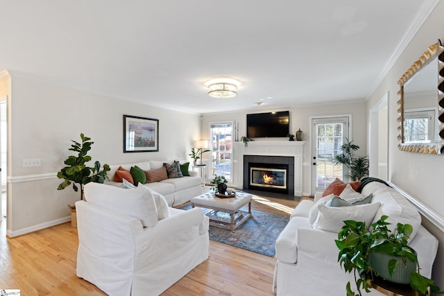 living room with ornamental molding, a fireplace, and light hardwood / wood-style floors