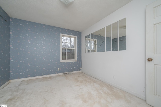 carpeted spare room with a textured ceiling