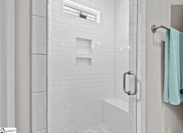 bathroom with a shower with shower door