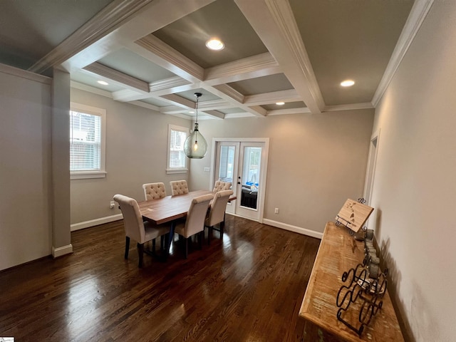 dining room featuring beamed ceiling, coffered ceiling, crown molding, dark wood-type flooring, and french doors