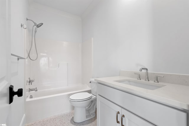 full bathroom featuring washtub / shower combination, vanity, and toilet