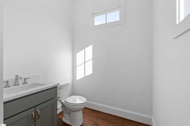 bathroom featuring vanity, wood-type flooring, and toilet