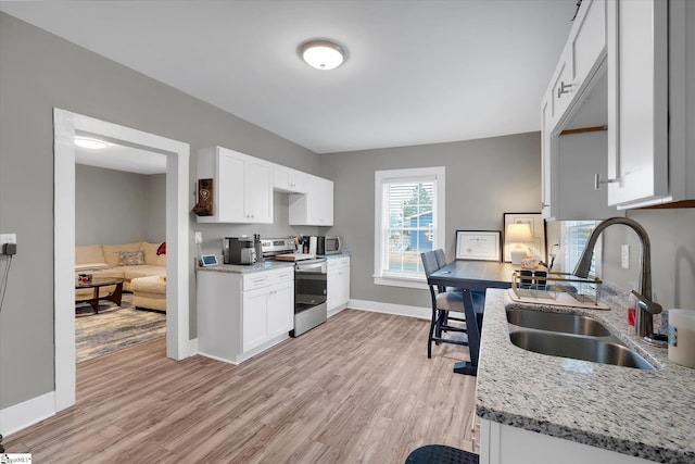 kitchen featuring sink, electric range, light stone counters, white cabinets, and light wood-type flooring