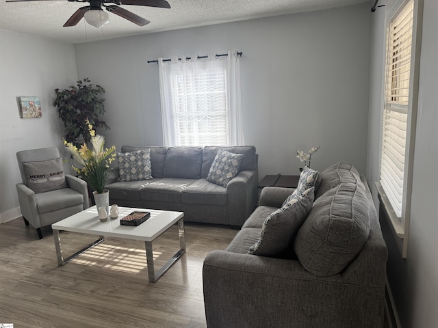 living room featuring hardwood / wood-style flooring, ceiling fan, and a textured ceiling