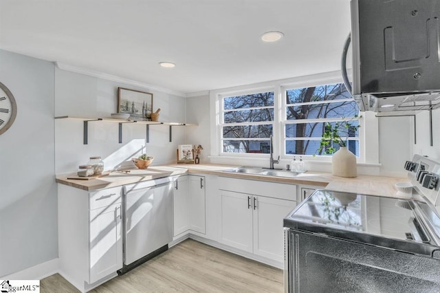 kitchen with sink, crown molding, light hardwood / wood-style flooring, white cabinetry, and stainless steel appliances