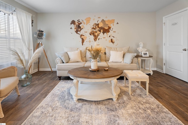 living room with dark hardwood / wood-style floors