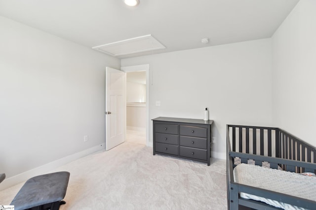 bedroom featuring light colored carpet