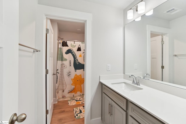 bathroom with hardwood / wood-style flooring and vanity