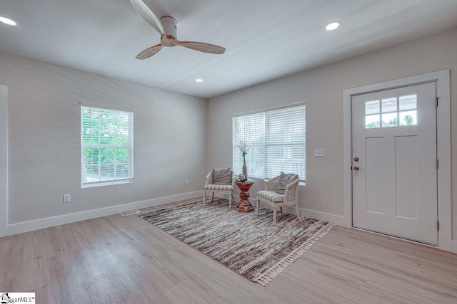 foyer featuring ceiling fan, light wood-type flooring, and a wealth of natural light