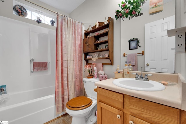 full bathroom with vanity, shower / bathtub combination with curtain, and toilet