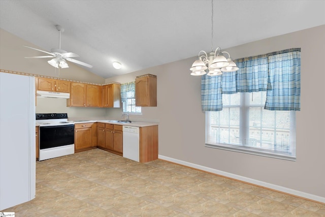 kitchen with sink, vaulted ceiling, electric range oven, white dishwasher, and pendant lighting