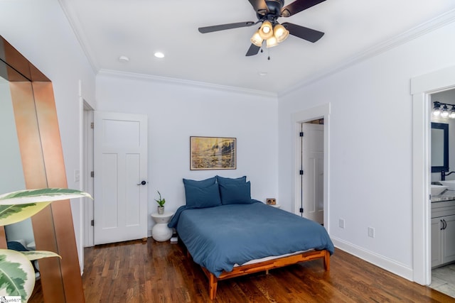 bedroom featuring ceiling fan, ensuite bathroom, dark hardwood / wood-style floors, and ornamental molding