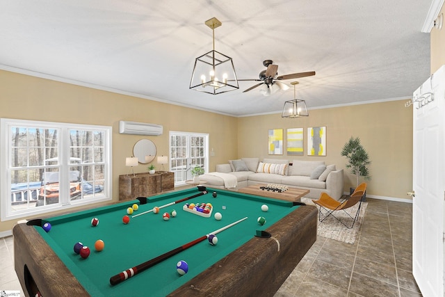 rec room with ceiling fan, crown molding, billiards, and a wall mounted AC