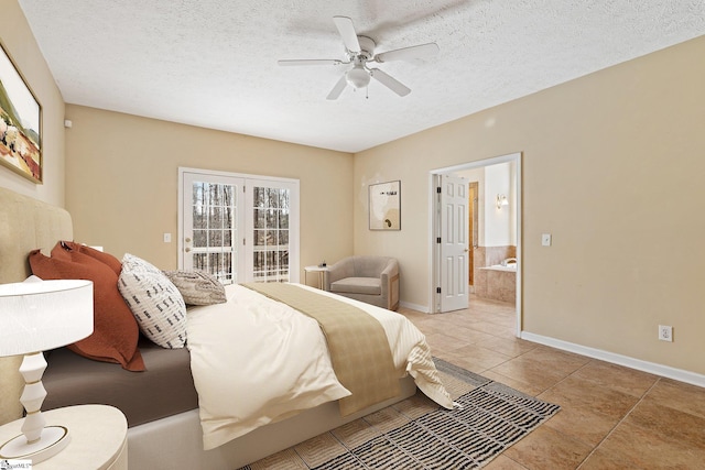 bedroom featuring ensuite bathroom, access to outside, light tile patterned floors, ceiling fan, and a textured ceiling