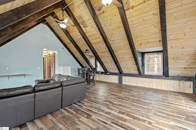 unfurnished living room with wood ceiling, ceiling fan, wood-type flooring, lofted ceiling with beams, and wood walls