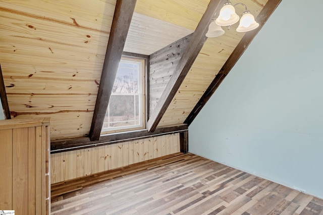 bonus room featuring wood ceiling, light hardwood / wood-style flooring, a notable chandelier, beamed ceiling, and wood walls