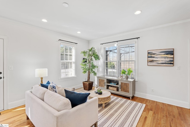 living room featuring crown molding, plenty of natural light, and light hardwood / wood-style flooring