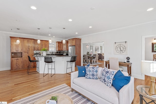 living room featuring sink, ornamental molding, and light hardwood / wood-style floors