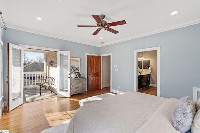 bedroom with connected bathroom, ornamental molding, access to outside, ceiling fan, and light wood-type flooring