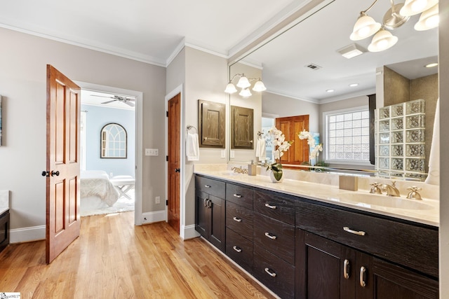 bathroom with vanity, crown molding, and wood-type flooring