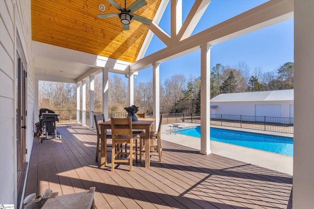 wooden deck featuring a fenced in pool, grilling area, and ceiling fan