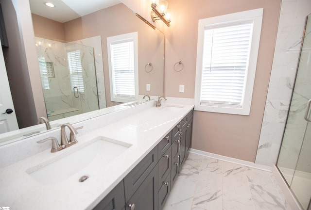 bathroom with vanity and walk in shower