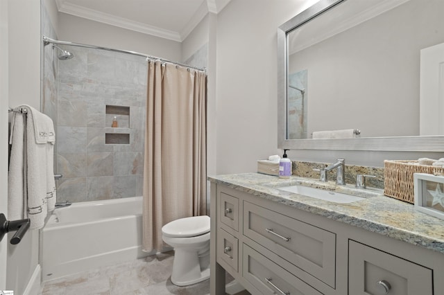 full bathroom featuring vanity, crown molding, shower / bath combination with curtain, and toilet