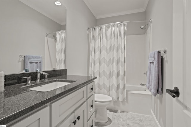 full bathroom featuring shower / bath combination with curtain, ornamental molding, toilet, and vanity