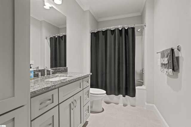 full bathroom featuring toilet, crown molding, vanity, shower / bathtub combination with curtain, and tile patterned flooring