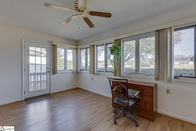 home office featuring plenty of natural light, light hardwood / wood-style flooring, and a textured ceiling