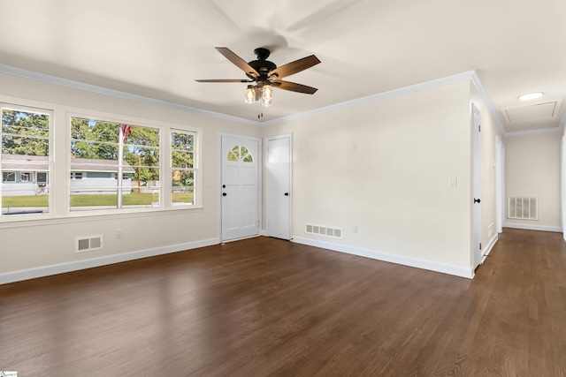 entrance foyer featuring dark hardwood / wood-style flooring, crown molding, and ceiling fan