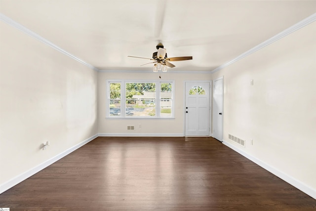 unfurnished living room featuring ornamental molding, dark hardwood / wood-style flooring, and ceiling fan