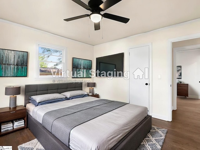 bedroom featuring ceiling fan and dark hardwood / wood-style flooring