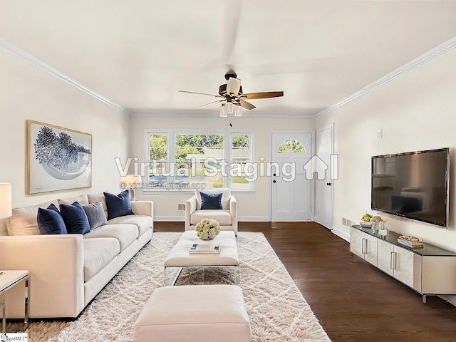 living room with crown molding, dark wood-type flooring, and ceiling fan