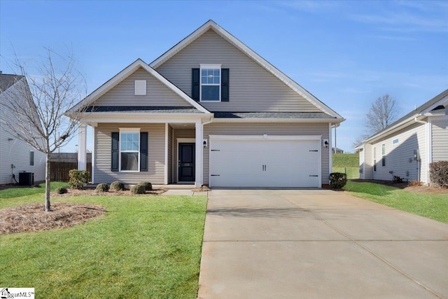 view of front of house featuring central AC unit, a front lawn, and covered porch