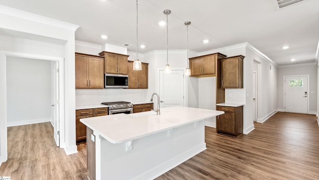312 Fiery Rd Lot 0170, Mauldin, SC 29607 - kitchen with appliances with stainless steel finishes, a sink, crown molding, decorative backsplash, and wood finished floors