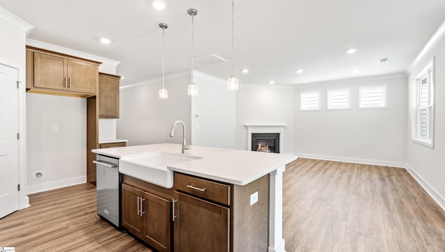 312 Fiery Rd Lot 0170, Mauldin, SC 29607 - kitchen featuring a sink, stainless steel dishwasher, crown molding, light wood-style floors, and light countertops