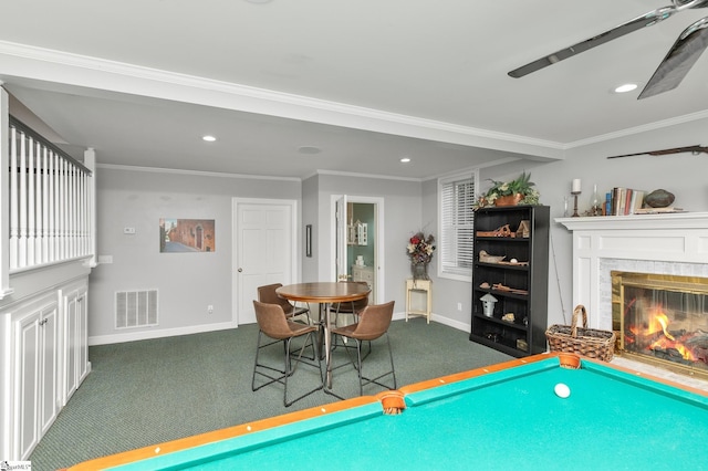 recreation room featuring ornamental molding, carpet floors, and pool table