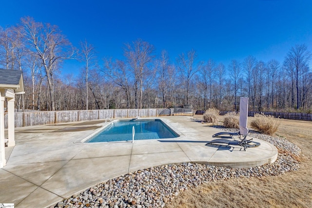 view of swimming pool featuring a diving board and a patio