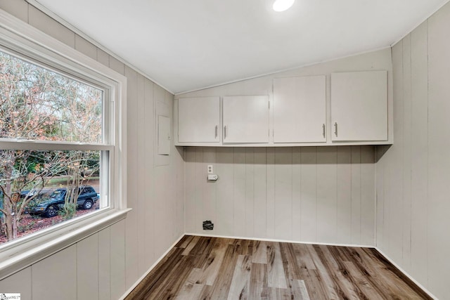 clothes washing area featuring dark wood-type flooring, cabinets, hookup for an electric dryer, and wooden walls