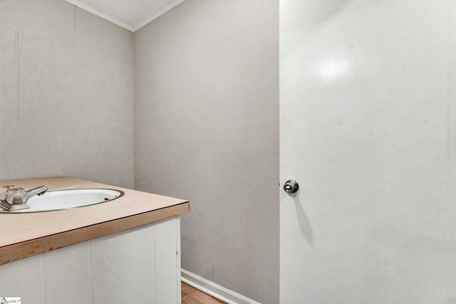 bathroom featuring sink, crown molding, and hardwood / wood-style flooring