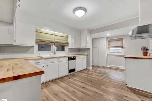 kitchen featuring white cabinetry, sink, light hardwood / wood-style flooring, and butcher block countertops